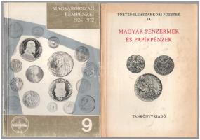 4db-os numizmatikai irodalom tétel, benne: Leányfalusi Károly - Nagy Ádám: Magyarország Fémpénzei 1926-1972- A Budapesti Állami Pénzverő pénzei . Magyar Éremgyűjtők Egyesülete, Budapest, 1974. Használt állapotban, a borító kopott; Saltzer Ernő: Numizmatikai szakszótár. Angol-magyar, német-magyar. Magyar Éremgyűjtők Egyesülete, Budapest, 1979. Piros műbőr kötésben. Használt, jó állapotban; Fux Kornél - Hölgyéné Angelotti Zsuzsanna: Magyar pénzérmék és papírpénzek. Történelemszakköri Füzetek 14.,Tankönyvkiadó, Budapest,1981. Használt állapotban; Günter Schön: Kleiner deutscher Münzkatalog - mit Liechtenstein, Österreich und Schweiz Ab 1871. (Kis német érmekatalógus - Liechtensteinnel, Ausztriával és Svájccal 1871-től) - 10. Kiadás. Battenberg, München, 1981.