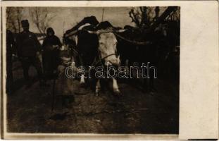 1918 San Cassiano di Livenza, első világháborús osztrák-magyar katonák ökörszekérrel / WWI K.u.k. military, soldiers with oxen cart. photo