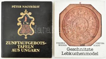 2 db német nyelvű könyv: Weiner Piroska: Geschnitzte Lebkuchenmodel. + Nagybákay Péter: Zunftaufgebotstafeln aus Ungarn. Bp., 1981, Corvina. Fekete-fehér és színes képekkel illusztrálva. Kiadói egészvászon-kötés, kiadói papír védőborítóban.