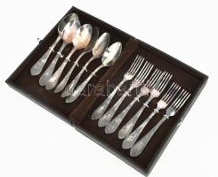 6 személyes utazó szett, 6 db kanál és 6 db villa. Antik ezüstözött orosz evőeszköz szett dobozában.