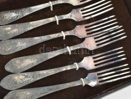 6 személyes utazó szett, 6 db kanál és 6 db villa. Antik ezüstözött orosz evőeszköz szett dobozában