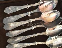 6 személyes utazó szett, 6 db kanál és 6 db villa. Antik ezüstözött orosz evőeszköz szett dobozában