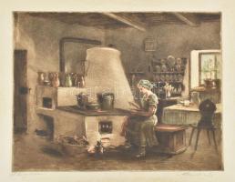 Paulovits Pál (1892-1975): A konyhában. Színezett rézkarc, papír, jelzett, lap széle foltos, 26×34 cm
