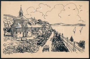 Györgyfy György (1896-1981): Fonyód, látkép a Balatonnal, 1930 körül. Tus, papír, jelzett (balra lent), 10x16 cm