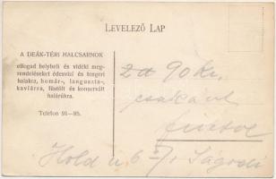 Budapest V. Lénárt Anna Deák téri halcsarnoka kiosk. Hátoldalon az üzlet reklámjával