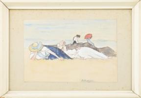 A Roubille jelzéssel: Tengerparton. Akvarell, papír. Üvegezett fakeretben. 15x21,5 cm