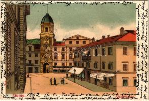 1902 Fiume, Rijeka; Stadtthurm / Városi toronyóra / clocktower. Art Nouveau litho