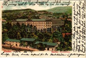 1902 Fiume, Rijeka; Osztrák-magyar haditengerészeti akadémia, vasútállomás vonattal / Academia di marina / K.u.K. Kriegsmarine Marine Akademie. Stengel & Co. / Austro-Hungarian Navy academy, railway station, train. Art Nouveau litho (EK)