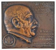 Sződy Szilárd (1878-1939) 1936. "Sebő Béla Budapest Székesfőváros főszámvevője - 10 éves főszámvevői jubileuma emlékére - A számvevőség tisztikara" bronz emlékplakett, hátoldalán "LUDVIG" gyártói jelzéssel (50x54mm) T:AU