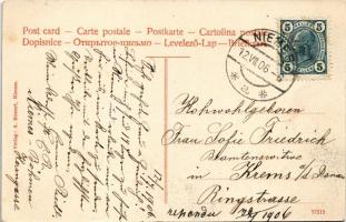 1906 Mimon, Niemes; Volks- und Bürgerschule mit Friedrich Schillerdenkmal / school and monument