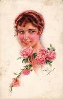 1920 Lady art postcard with roses. ERKAL No. 302/3. s: Usabal (EK)