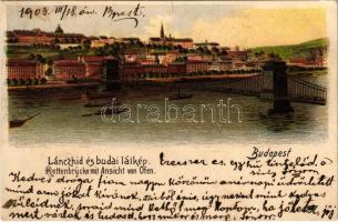 1903 Budapest, Lánchíd és budai látkép. litho (szakadás / tear)