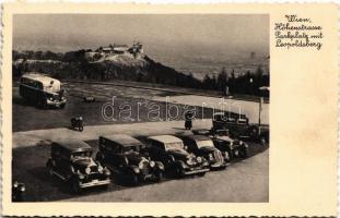 Wien, Vienna, Bécs; Hohenstrasse, Parkplatz mit Leopoldsberg / automobiles, autobus (fl)