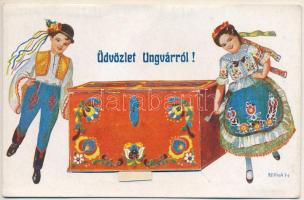 Ungvár, Uzshorod, Uzhhorod, Uzhorod; magyar népviseletes leporellolap 10 képpel / Hungarian folklore...