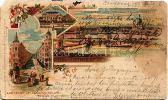 1899 (Vorläufer) Budapest, látkép, Lánchíd, Bazilika, Vigadó, Andrássy út, lóvasút, gőzhajó. Art Nouveau, floral, litho (EM)