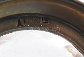 Art nouveau pohár. Ezüstözött szerelékben hutaüveg betét, jelzett, szereléken kis ütődés, m: 12,5 cm