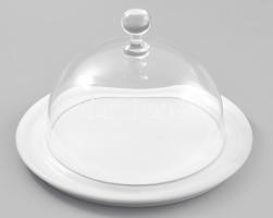 Sajtkínáló. Porcelán tál üveg búrával. Minimális pattogzással, d: 23 cm, m: 15 cm
