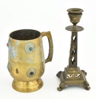 Szecessziós gyertyatartó, javított + kőberakásos kupa. Bronz, kopással, m: 13-18 cm