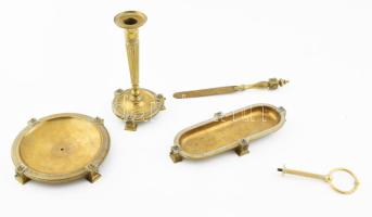 Szecessziós bronz 4 részes asztali szett. Gyertyatartó m: 21 cm, levélbontó kés h: 25 cm, kínáló d: 20 cm, tolltartó 26x11 cm. Kis sérüléssel, fogó pótolt.