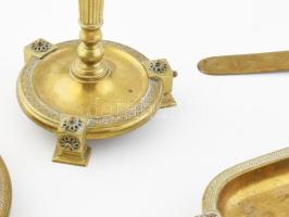 Szecessziós bronz 4 részes asztali szett. Gyertyatartó m: 21 cm, levélbontó kés h: 25 cm, kínáló d: ...