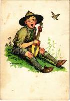 1936 Cserkész művészlap. Magyar Cserkészszövetség kiadása. Klösz Gy. és Fia / Hungarian boy scout art postcard s: Márton L. (fl)