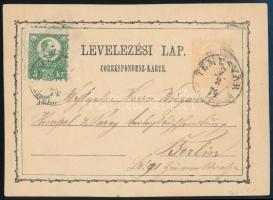 1874 2kr díjjegyes levelezőlap Réznyomat 3kr kiegészítéssel Berlinbe / 2kr PS-card with 3kr additional franking TEMESVÁR / JÓZSEFVÁROS - Berlin