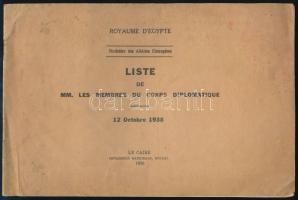 1938 Liste de MM. les membres du Corps diplomatique. France. Minist?re des affaires étrang?res. Royaume D'Egypte. Le Caire, 1938 Boulac 14p.. kiadói papírborítóval