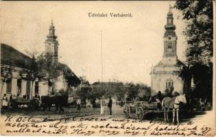 1908 Verbász, Vrbas; Fő tér, templomok, lovaskocsik. D. Pavlovits kiadása / main square, churches, horse carts (EK)