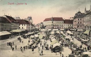 Zagreb Jelacic square market with Jelacic statue, Café Europa and the dentist surgery of Dr. Eugen Rado