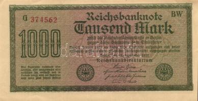 Német Birodalom / Weimari Köztársaság 1922. 1000M (3x) "Dornen" vízjellel, közte kis ugrású sorszámokkal T:I,I-