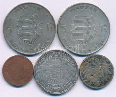 5db-os érmetétel, benne 1879KB 1kr Cu "Középcímer" + 1938. 2P Ag "Madonna" + 194...