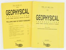 1997-2000 Geophysical Transactions. Vol. 41. No. 3-4. és Vol. 43. No. 3-4. Szerk.: Hegybíró Zsuzsanna. Bp., 1997-2000., Eötvös Loránd Geophysical Institute of Hungary. Kihajtható táblákkal, térképekkel illusztrált. A 2. számban térkép-melléklettel: A Dunántól tellurikus vezetőképesség térképe/ Telluric conductance map of Transdanubia. Angol nyelven. Kiadói papírkötések, az egyik gerincen kis sérüléssel.