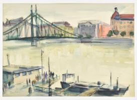 Farkas Lajos (1919-1998): Budapesti Dunapart a Szabadság-híddal. Akvarell, ceruza, papír. Jelzett. Paszpartuban. 28x40 cm