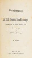 Clericus, Ludwig.:Vierteljahrsschrift für Heraldik, Sphragistik und Genealogie. Herausgegeben vom Verein &quot; Herold &quot; zu Berlin. II. Jahrgang. Berlin 1874. Mitscher &amp; Röstell. 365p. számos szövegközti címer ábrázolással, kihajtható táblákkal. Korabeli, aranyozott félpergamen kötésben. Családtörténet, heraldika, pecséttan.