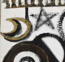 Bada Dada (Bada Tibor, 1963-2006): Csillag és hold (cím nélkül). Olaj, farost. Hátoldalán jelzett ás...