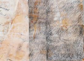 Szikora Tamás (1943-2012): Doboz, 1997. Olaj, ceruza, kollázs, fa, jelezve jobbra lent. 72x42 cm