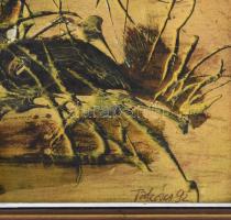 Takács Klára (1947-): Virágbokor, 1992. Vegyes technika, farost, jelezve jobbra lent, hátoldalán aut...