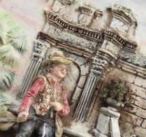 cca 1900, 2 darab majolika tál, plasztikus jelenetekkel. Javítással, hiánnyal, drótozva, d: 31,5 cm ...