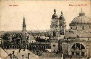 1907 Cegléd, látkép, templomok. Sárik Gyula kiadása (EK)