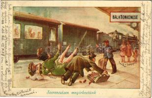 1949 Balatonkenese, "Szerencsésen megérkeztünk..." humoros grafika a vasútállomáson, vonat, gőzmozdony (EK)