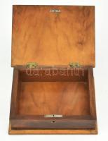 Antik fa intarziás doboz, sérülésekkel, kulcs nélkül, 27x20x9 cm