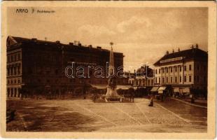 1909 Arad, Andrássy tér, Szentháromság szobor, 1848-1849 Múzeum, Fehér Kereszt szálloda, üzletek / square, Holy Trinity statue, museum, hotel, shops