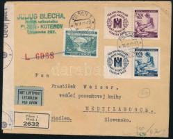 Böhmen und Mähren 1941 Ajánlott légi cenzúrázott levél Szlovákiába / Registered airmail censored cover to Slovakia PILSEN