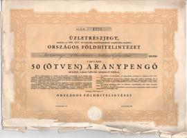 Budapest 1936. "Országos Földhitelintézet" névre szóló üzletrészjegye 50P-ről, szárazpecséttel, szelvényekkel T:F alsó szélén szakadások