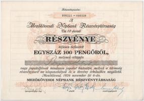 Mezőkövesd 1926. "Mezőkövesdi Népbank Részvénytársaság" 10 részvénye egyben 100P-ről, szelvényekkel T:AU