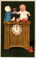 Prosit Neujahr! / New Year greeting art postcard, children with wine and clock. Emb. litho (EK)