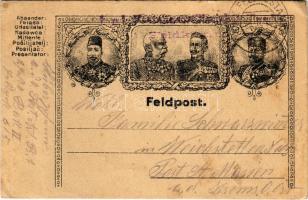 1916 Első világháborús tábori postai levelezőlap a Központi Hatalmak uralkodóival: V. Mehmed, I. Ferdinánd, II. Vilmos, I. Ferenc József / WWI Austro-Hungarian K.u.K. military field postcard, Viribus Unitis and Central Powers propaganda: Mehmed V, Ferdinand I of Bulgaria, Wilhelm II, Franz Joseph I of Austria (kis szakadások / small tears)