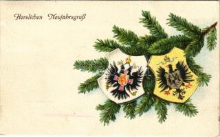 1914 Herzlichen Neujahrsgruß / WWI German and Austro-Hungarian K.u.K. military art postcard with New Year greeting, coats of arms, Viribus Unitis propaganda. B.K.W.I. 3158-3.