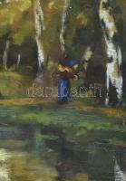 Olvashatatlan jelzéssel: Hazafelé, 1915. Olaj, karton. Dekoratív, antik, üvegezett fakeretben. 34x49...