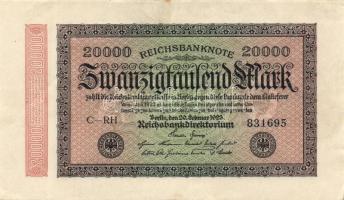 Német Birodalom / Weimari Köztársaság 1923. 20.000M (2x) variáns Hakensterne vízjellel, hatjegyű sorszámmal T:I-